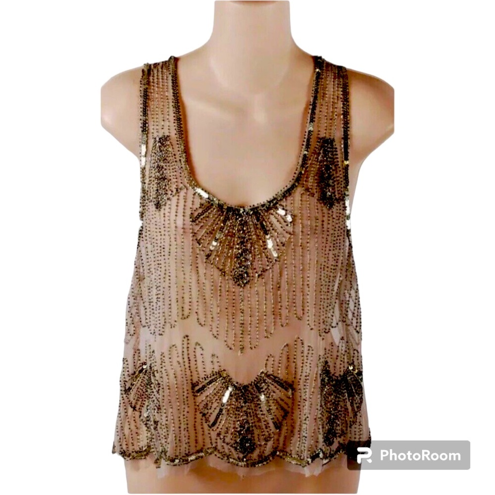 Black Paper Crane Nude Sequenced Beaded Poly Shir Top Sz L